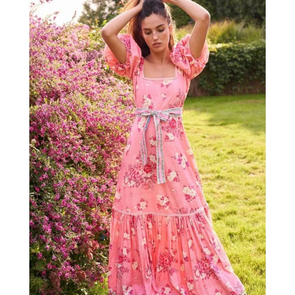 LoveShackFancy Salma Puff-Sleeve Cotton Maxi Dress, Pink, Size 0 - Picture 1 of 12